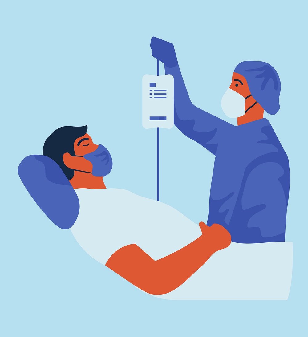 Nurse administering an IV drip to a patient