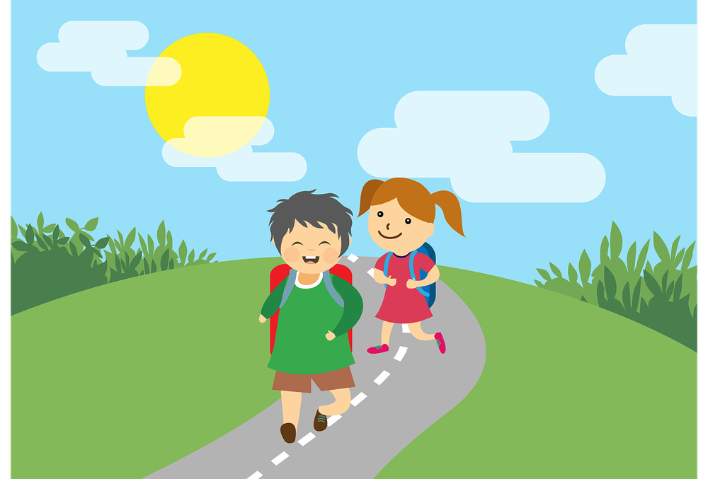 Boy and girl wearing backpacks running on a road during a sunny day